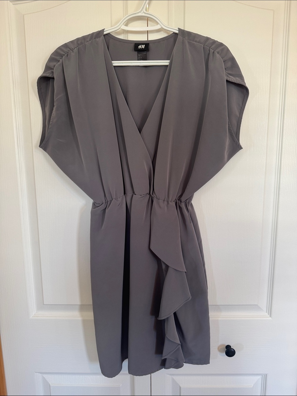 H&M Gray Draped V-Neck Ruffle Mini Dress